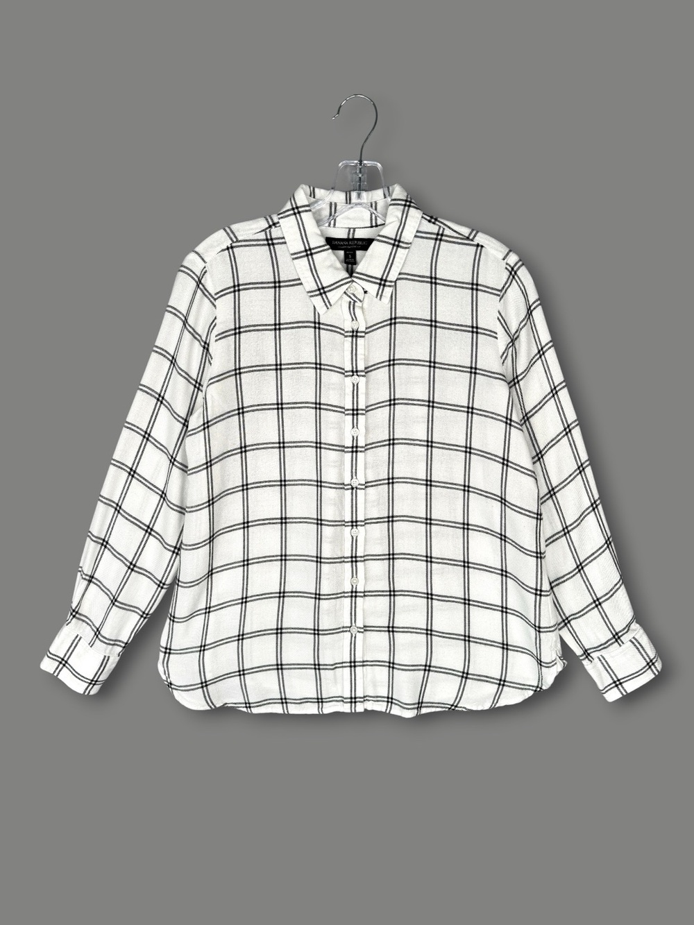 Banana Republic Dillon Flannel Button Up White Black Windowpane Plaid S Petite